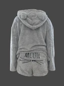 Kadın Uzun Kollu Meow Kedi Nakışlı Kapşonlu Peluş Sweat Ve Short Ikili Takım - 3