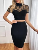 Kadın Kısa Kollu Yarı Balıkçı Yaka Dantelli Straplez Ithal Krep Crop Bluz Ve Etek Ikili Takım thumbnail 3