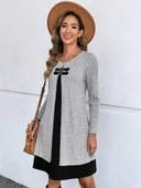 Kadın Uzun Kollu önü Tokalı şardonlu Kaşkorse Iç Kısmı Viskon Midi Elbise Ikili Takım thumbnail 2