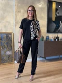 Kadın Bisiklet Yaka Kısa Kol Leopar Desen Bluz Ve Pantolon Ikili Takım thumbnail 5