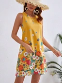 Kadın Sıfır Kollu Bisiklet Yaka çiçek Desenli Süprem Mini Elbise thumbnail 2