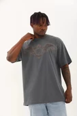 Unisex Oversize Taşlı Bisiklet Yaka T-Shirt - Füme - 4