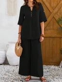 Kadın Kısa Kollu V Hakim Yaka Düğmeli Bürümcük Bluz Ve Pantolon Ikili Takım thumbnail 6