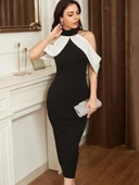 Kadın Daire Yakalı Omuzlardan Kollara Yayılan Kanat Detaylı çift Renkli Uzun Ithal Krep Elbise thumbnail 3