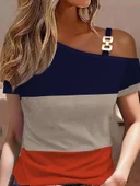 Kadın Kısa Kollu Tek Omuzu Açık Toka Detaylı çok Renkli Viskon Bluz thumbnail 2