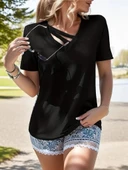 Kadın Kısa Kollu V Yaka şerit Detay Viskon Bluz thumbnail 2