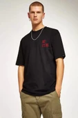 Unisex Bisiklet Yaka Oversize Baskılı T-Shirt - Siyah - 1