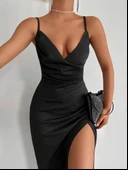 Kadın Askılı Kruvaze Yakalı Yırtmaçlı Krep Elbise thumbnail 3