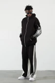 Üç İplik Baskılı Fermuarlı Kapşonlu Hırka - Siyah - 1