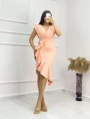 Scuba Kumaş Önü Fırfırlı Midi Boy Elbise thumbnail 4