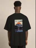 Unisex Bisiklet Yaka Baskılı Oversize T-Shirt - Siyah thumbnail 4