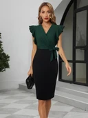 Kadın Kısa Kollu Kruvaze Yaka Beli Kuşaklı Blok Desenli Ithal Krep Elbise thumbnail 1