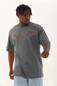 Unisex Oversize Taşlı Bisiklet Yaka T-Shirt - Füme - 1