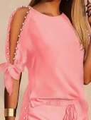 Kadın Kısa Kollu Bisiklet Yaka Yarı Açık Omuz Inci Detaylı Short T-shirt Viskon Ikili Takım thumbnail 2