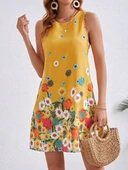 Kadın Sıfır Kollu Bisiklet Yaka çiçek Desenli Süprem Mini Elbise thumbnail 1