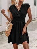 Kadın Kısa Kollu Kruvaze Yaka Beli Gipeli Bürümcük Elbise thumbnail 7