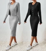 Kadın Uzun Kollu şardonlu Kaşkorseönü Düğmeli Mini Boy Elbise Ikili Takım thumbnail 8