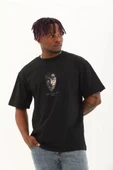 Unisex Oversize Baskılı Bisiklet Yaka T-Shirt - Siyah thumbnail 1