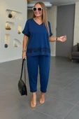 Kadın Kısa Kollu V Yakalı Pul Payetli Viskon Iki Iplik Bluz Ve Pantolon Ikili Takım thumbnail 1