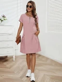 Kadın Kısa Kollu Yakası Açık Fermuarlı Cep Detaylı Ithal Keten Elbise thumbnail 2