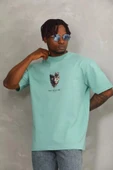 Unisex Oversize Baskılı Bisiklet Yaka T-Shirt - Mint Yeşili thumbnail 2