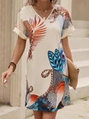 Kadın Kısa Kollu V Yakalı Desenli Mini Atlas Elbise thumbnail 3