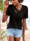 Kadın Kısa Kollu V Yaka şerit Detay Viskon Bluz thumbnail 1