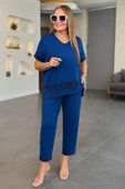 Kadın Kısa Kollu V Yakalı Pul Payetli Viskon Iki Iplik Bluz Ve Pantolon Ikili Takım thumbnail 2
