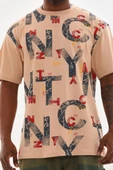 Unisex Baskılı Oversize T-Shirt - Bej thumbnail 1