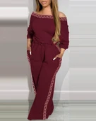 Kadın Uzun Kollu Omuzlardan Açık Beli Lastikli Cepli şerit Desenli Viskon Iki Iplik Tulum thumbnail 1