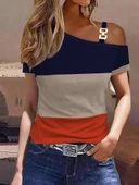 Kadın Kısa Kollu Tek Omuzu Açık Toka Detaylı çok Renkli Viskon Bluz thumbnail 1