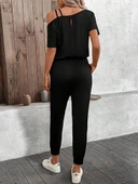 Kadın Tek Omuzdan Açık Viskon Iki Iplik Bluz Bağcıklı Pantolon Ikili Takım thumbnail 3