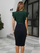 Kadın Kısa Kollu Kruvaze Yaka Beli Kuşaklı Blok Desenli Ithal Krep Elbise thumbnail 3