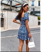 Kadın Kısa Kollu Kalp Yaka çiçek Desenli Krep Elbise thumbnail 3