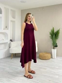 Kadın Askılı Yuvarlak Yakalı Asimetrik Kesim Detaylı Viskon Elbise thumbnail 3