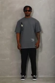 Unisex Oversize Baskılı Bisiklet Yaka T-Shirt - Füme - 3