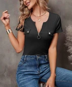 Kadın Kısa Kollu Fermuarlı Cep Detay Kaşkorse Bluz thumbnail 1