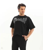 Unisex Oversize Taşlı T-Shirt - Siyah thumbnail 3