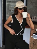 Kadın Kolsuz V Yakalı Düğmeli Ithal Krep Yelek Ve Pantolon Ikili Takım - 1
