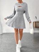 Kadın Uzun Kollu Kapüşonlu Ceket üst Ve Askısız Kare Yaka A Kesim şardonlu Kaşkorse Elbise thumbnail 6