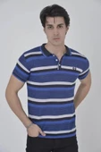 Erkek Yakalı Slim Fit Dokuma Çizgili T-Shirt - Mavi thumbnail 1