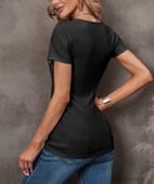 Kadın Kısa Kollu Fermuarlı Cep Detay Kaşkorse Bluz thumbnail 5