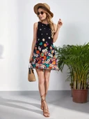 Kadın Sıfır Kollu Bisiklet Yaka çiçek Desenli Süprem Mini Elbise thumbnail 3