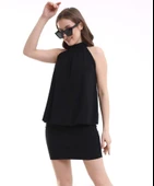 Kadın Yüksek Yaka Büzgü Detaylı Şifon Garnili Sandy Kumaş Fırsat Ürün Diz Üstü Elbise thumbnail 6