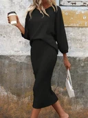 Kadın Uzun Kollu Yakası Açık Yarasa Kollu şardonlu Kaşkorse Bluz Ve Etek Takım thumbnail 2