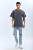 Unisex Oversize Taşlı Bisiklet Yaka T-Shirt - Füme thumbnail 4