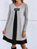 Kadın Uzun Kollu önü Tokalı şardonlu Kaşkorse Iç Kısmı Viskon Midi Elbise Ikili Takım thumbnail 1