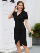 Kadın Kısa Kollu V Yakalı önden Fırfırlı Ithal Krep Elbise thumbnail 2