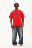 Unisex Oversize Baskılı Bisiklet Yaka T-Shirt - Kırmızı thumbnail 4
