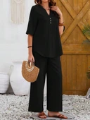 Kadın Kısa Kollu V Hakim Yaka Düğmeli Bürümcük Bluz Ve Pantolon Ikili Takım thumbnail 1